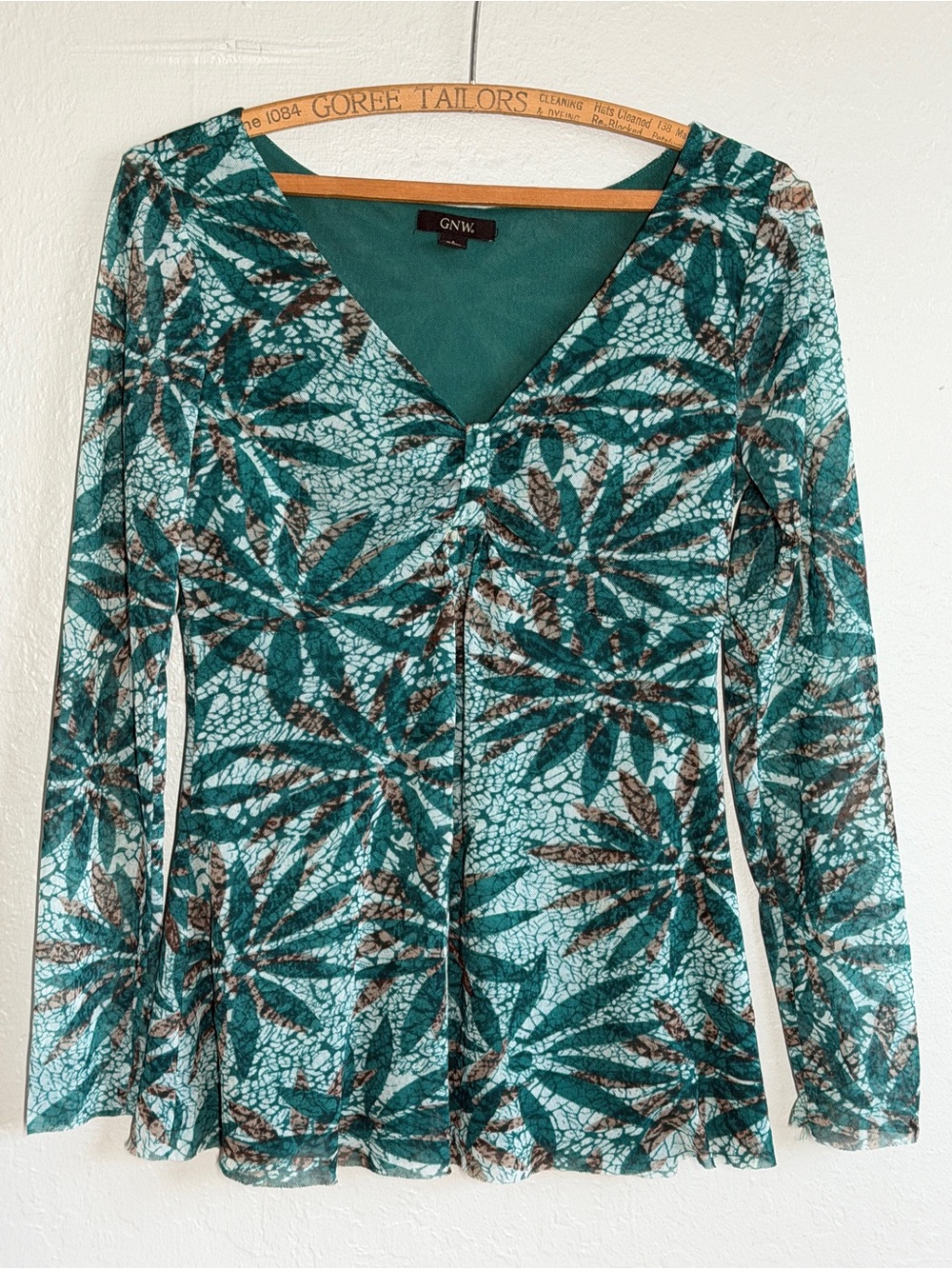 GNW Y2K Green Floral Mesh Top Long Sleeve Ruched V-Neck Whimsigoth Small